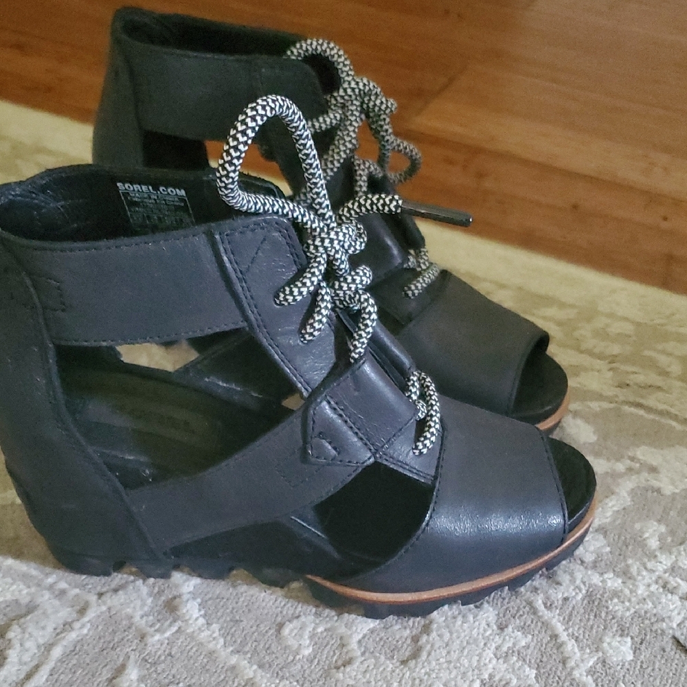Sorel Black Wedge Sandals with Peep-Toe